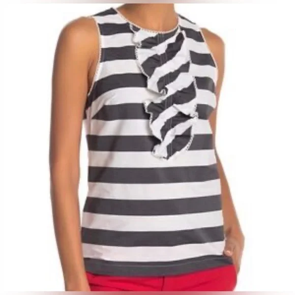 Trina Turk Black & White Striped Ruffle Tank size S - Picture 1 of 9